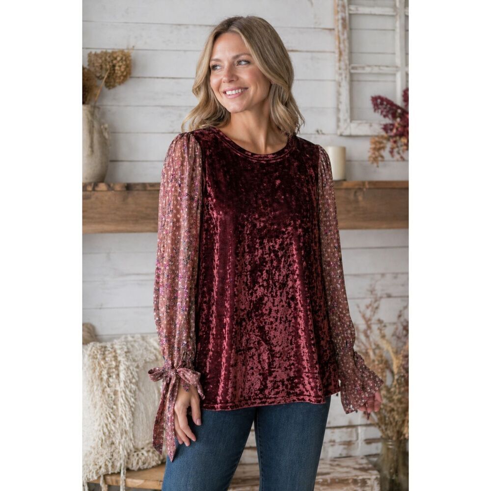 Ivy Jane Women Sz S Tunic Top Mauve Crushed‎ Velvet Embroidered Lace Trim Hi Low